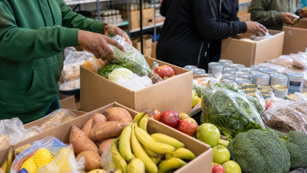 Food pantry boxes with produce and shelf-stable groceries for a Detroit food assistance guide