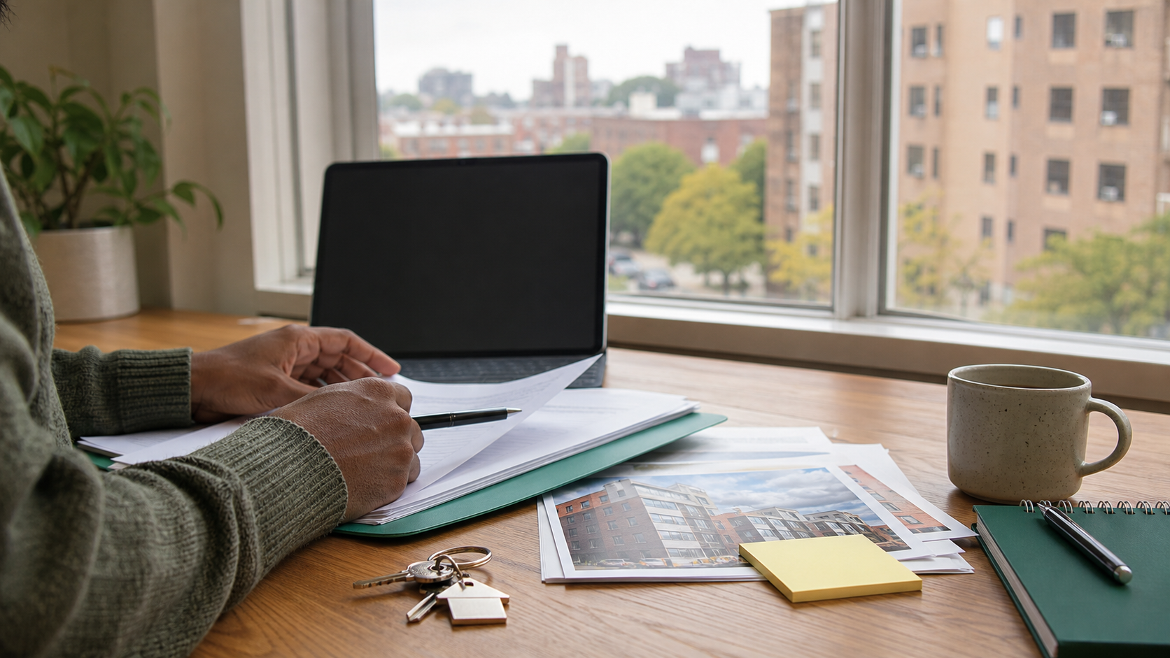 Apartment search paperwork, blank laptop screen and keys for a Detroit housing assistance guide