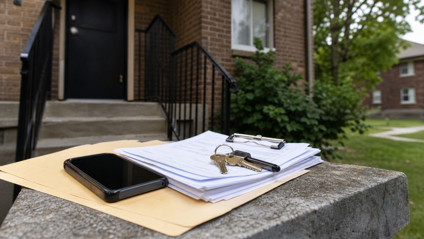 Lease paperwork, keys and phone outside a Detroit apartment building for a renter help guide