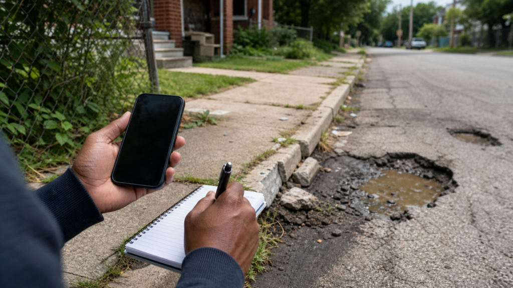 Resident holding a phone and notebook beside a pothole for a Detroit city problem reporting guide