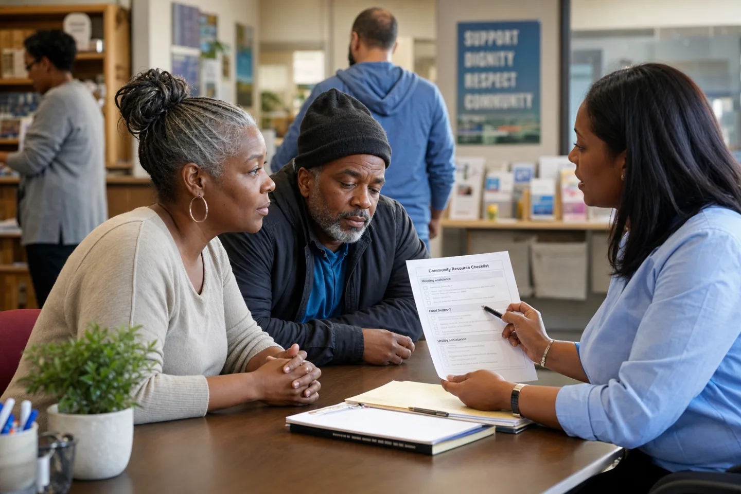 Detroit residents receiving help from a counselor at a community resource center