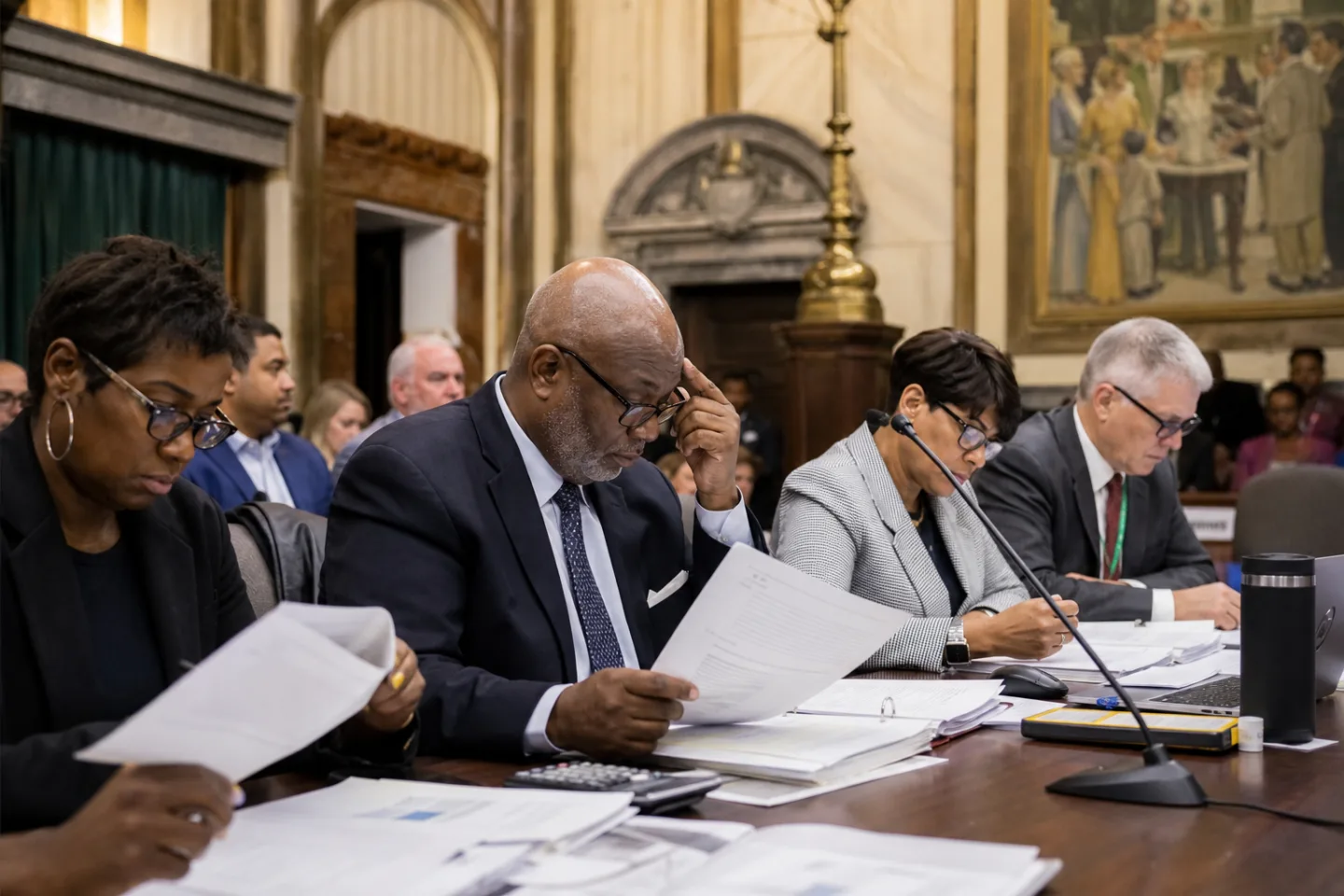 Public officials reviewing municipal budget documents at an oversight meeting