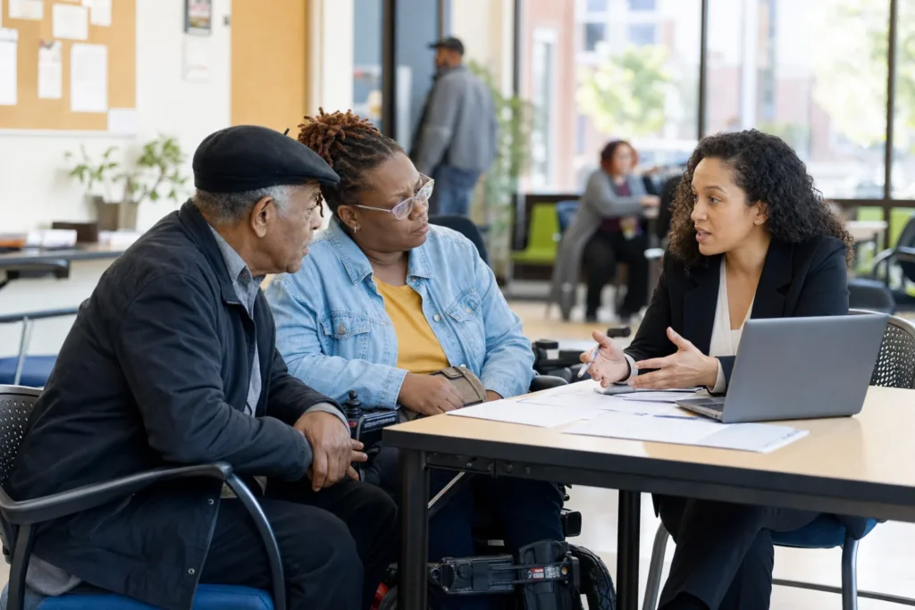Detroit residents meeting with a counselor about health and disability benefits