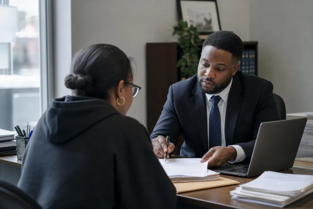 Detroit resident reviewing documents with a legal aid attorney