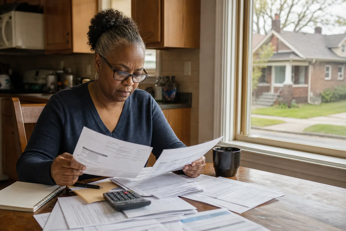 Detroit homeowner reviewing property tax paperwork at home