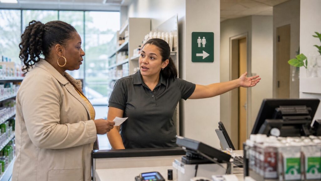 Customer showing a medical note while a store employee directs them to a restroom